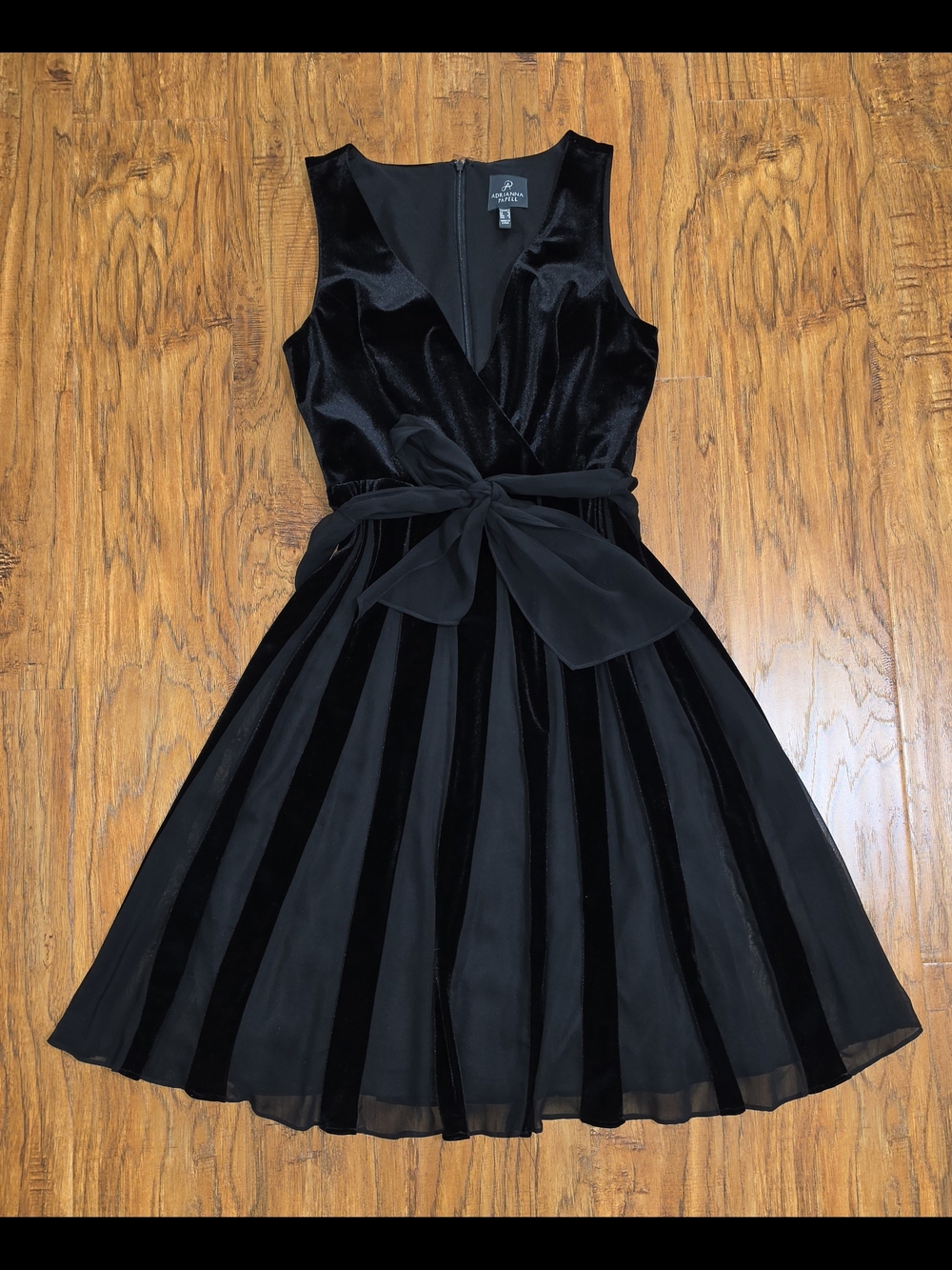 Adrianna Papell Black Velvet & Chiffon Dress with Removable Waist Tie